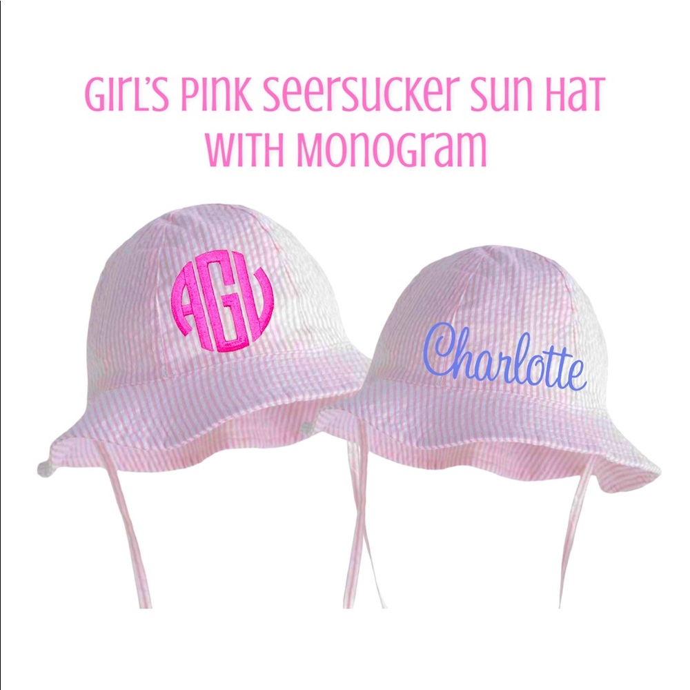 Pink Seersucker Sun Hat with Monogram